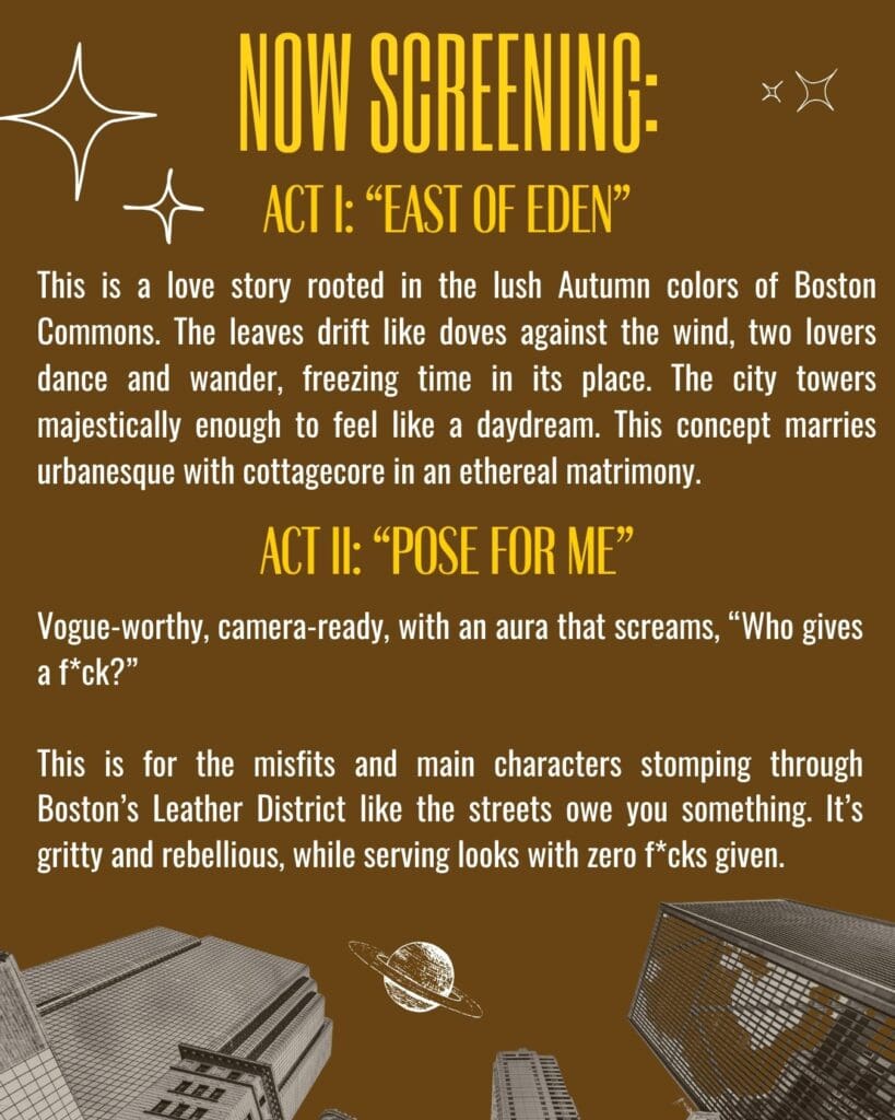Boston Content Day concept preview — Act I: East of Eden at Boston Commons, moody cinematic couples shoot blending urban chaos with ethereal cottagecore; Act II: a fashion editorial that rebels against a chaotic world.